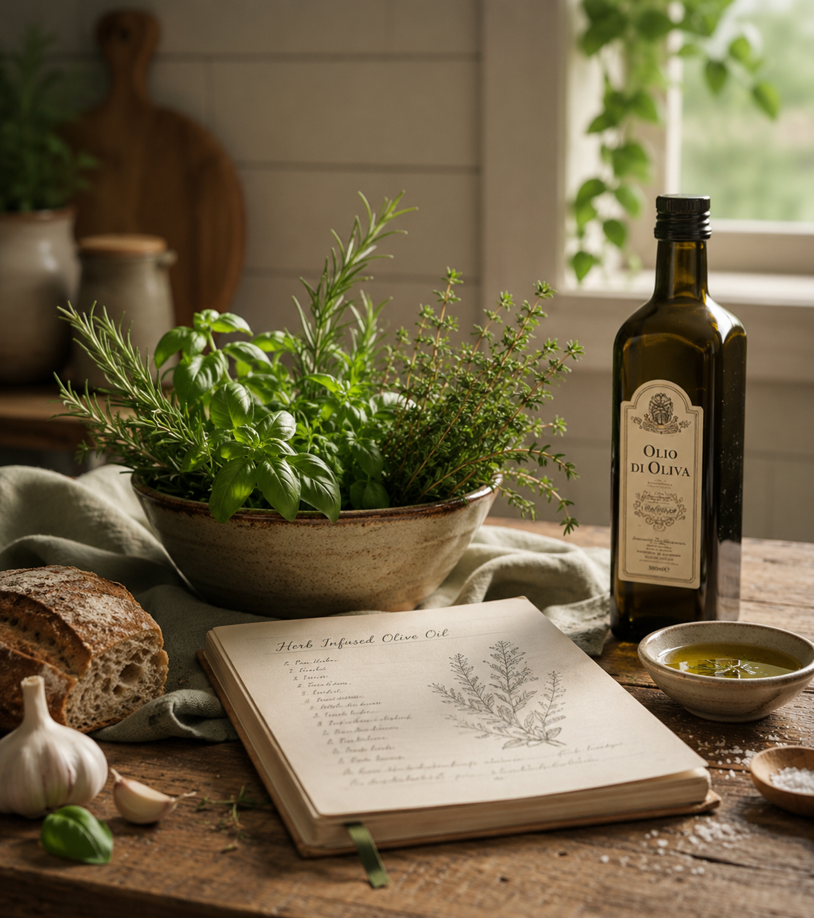 Fresh herbs in a bowl, olive oil, and a handwritten recipe book on a rustic kitchen table