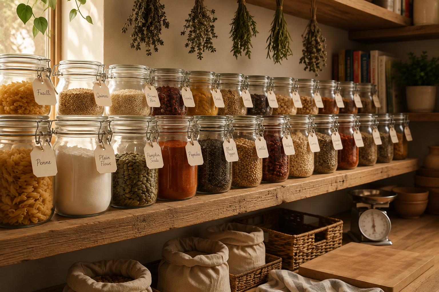 A well-organised pantry of labelled jars