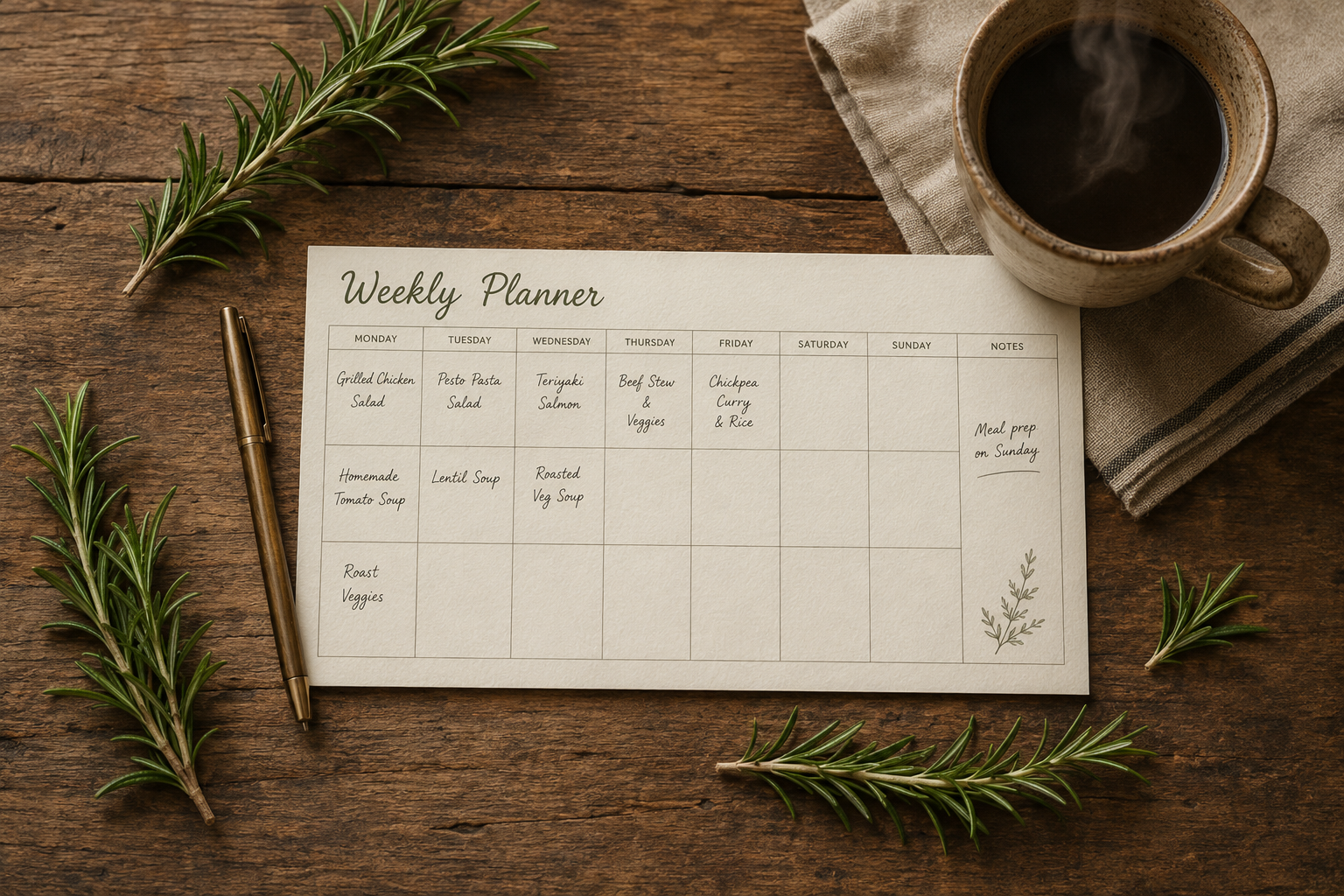 A weekly meal planner laid out on a wooden table