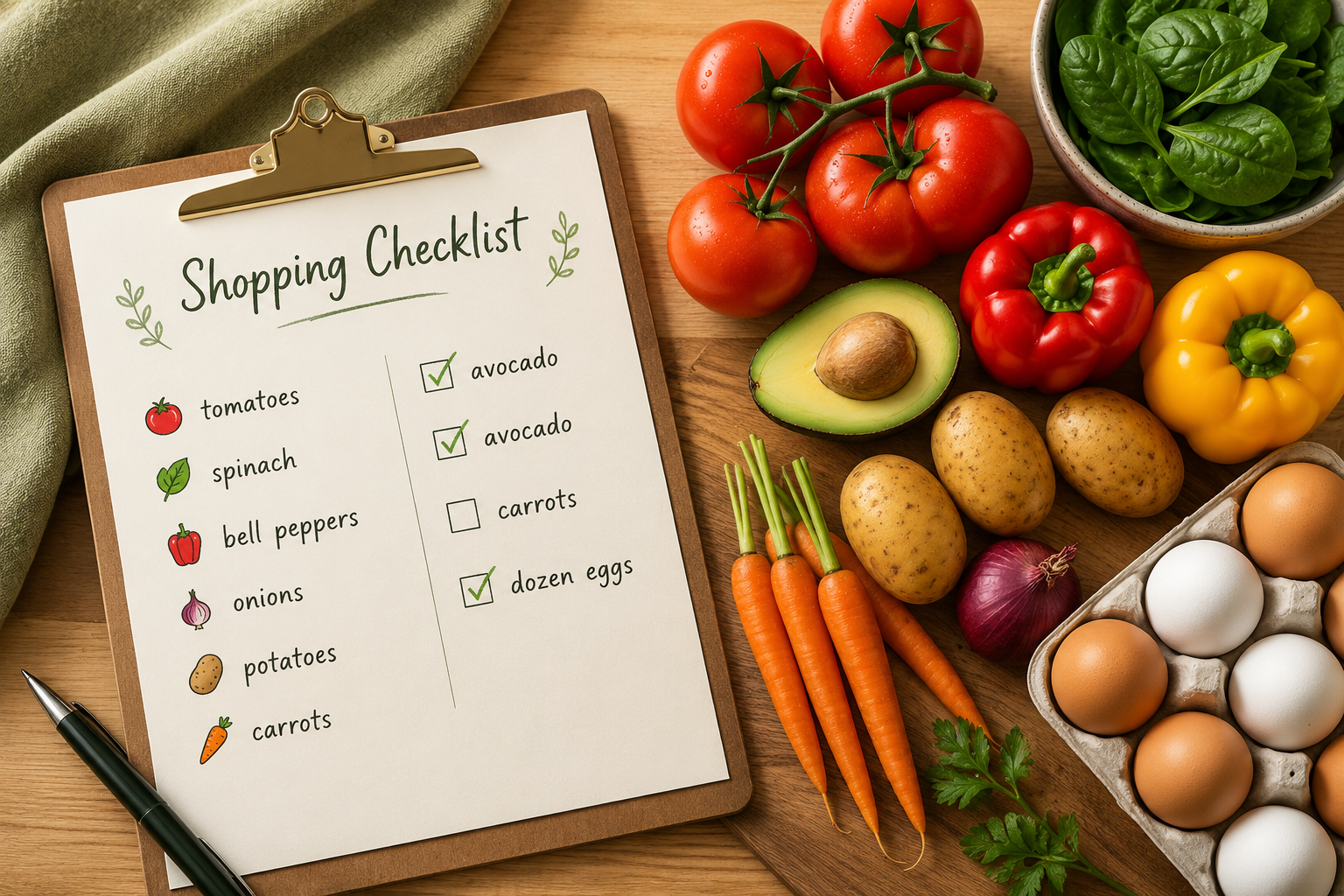 A smart shopping checklist beside fresh produce